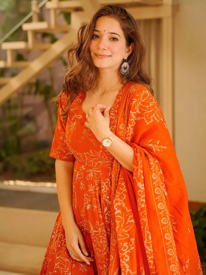 Orange Embroidered Muslin Kurta Palazzo with Dupatta
