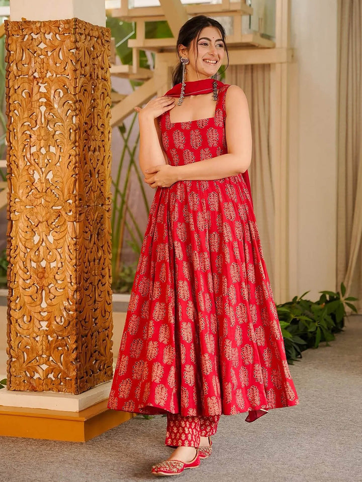 Red Embroidered Muslin Kurta Palazzo with Dupatta