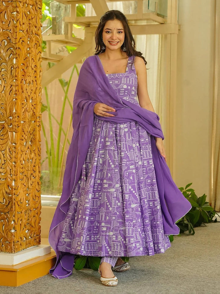 Purple Embroidered Muslin Kurta Pant with Dupatta