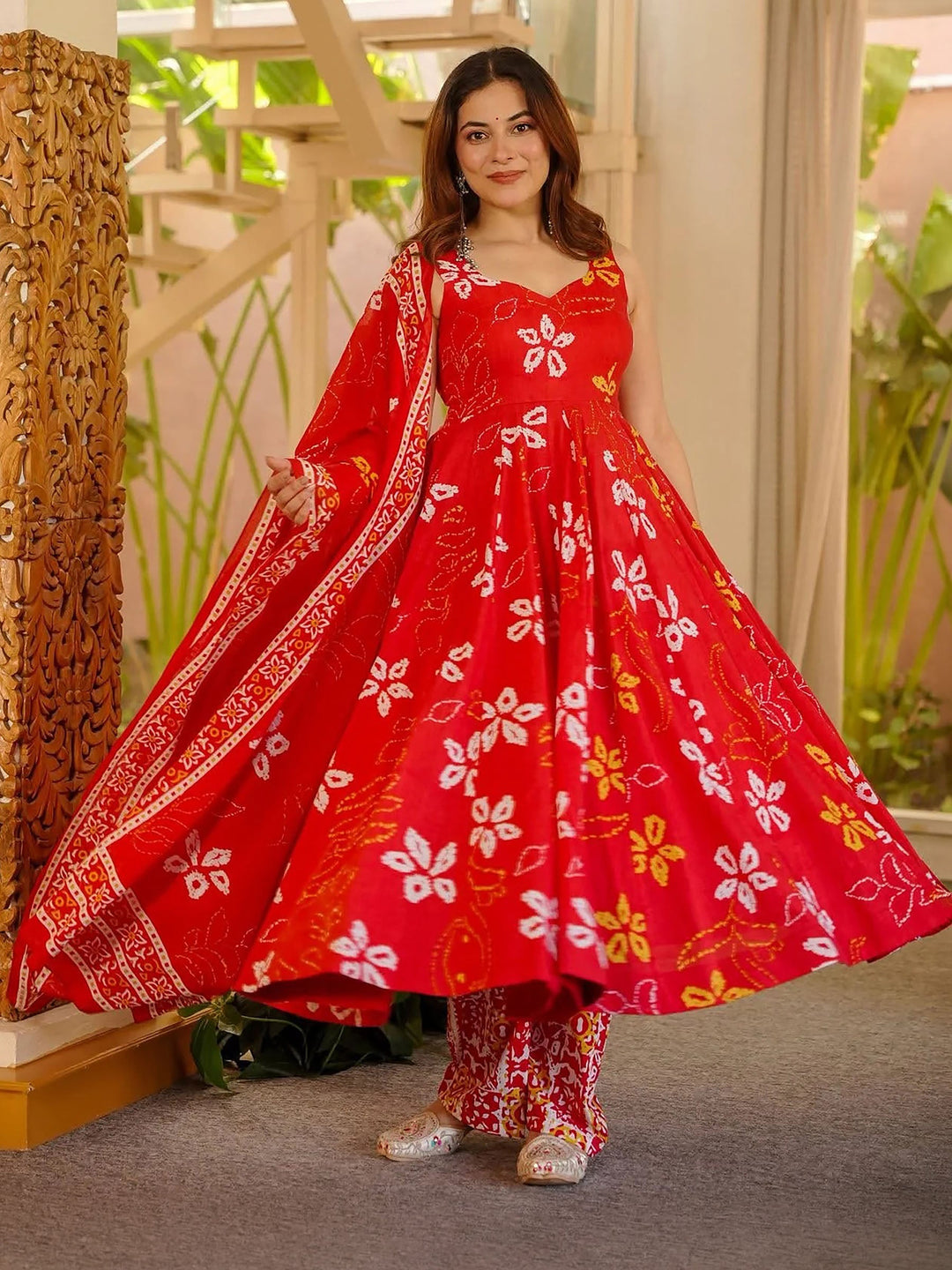 Red Embroidered Muslin Kurta Palazzo with Dupatta