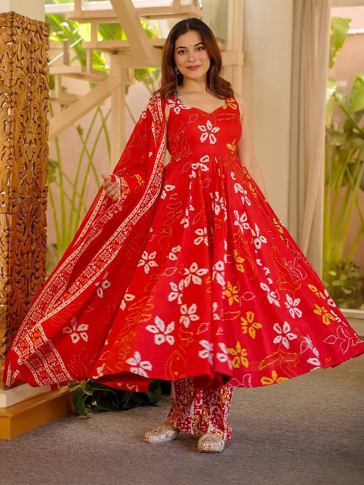 Red Embroidered Muslin Kurta Palazzo with Dupatta