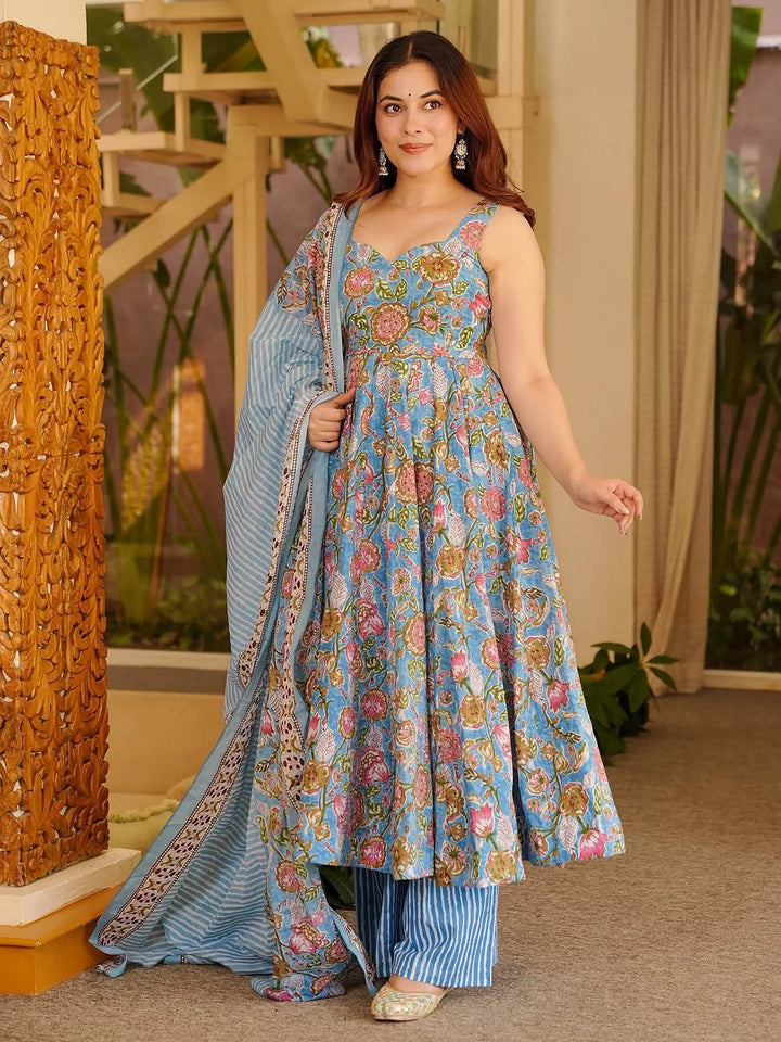 Blue Embroidered Muslin Kurta Palazzo with Dupatta