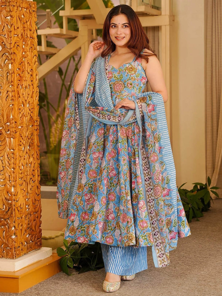 Blue Embroidered Muslin Kurta Palazzo with Dupatta