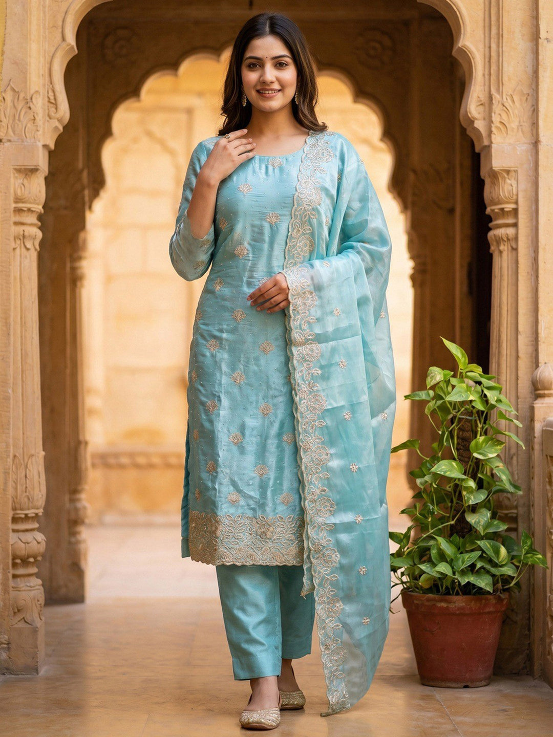 Blue Embroidered Crepe Kurta Pant with Dupatta