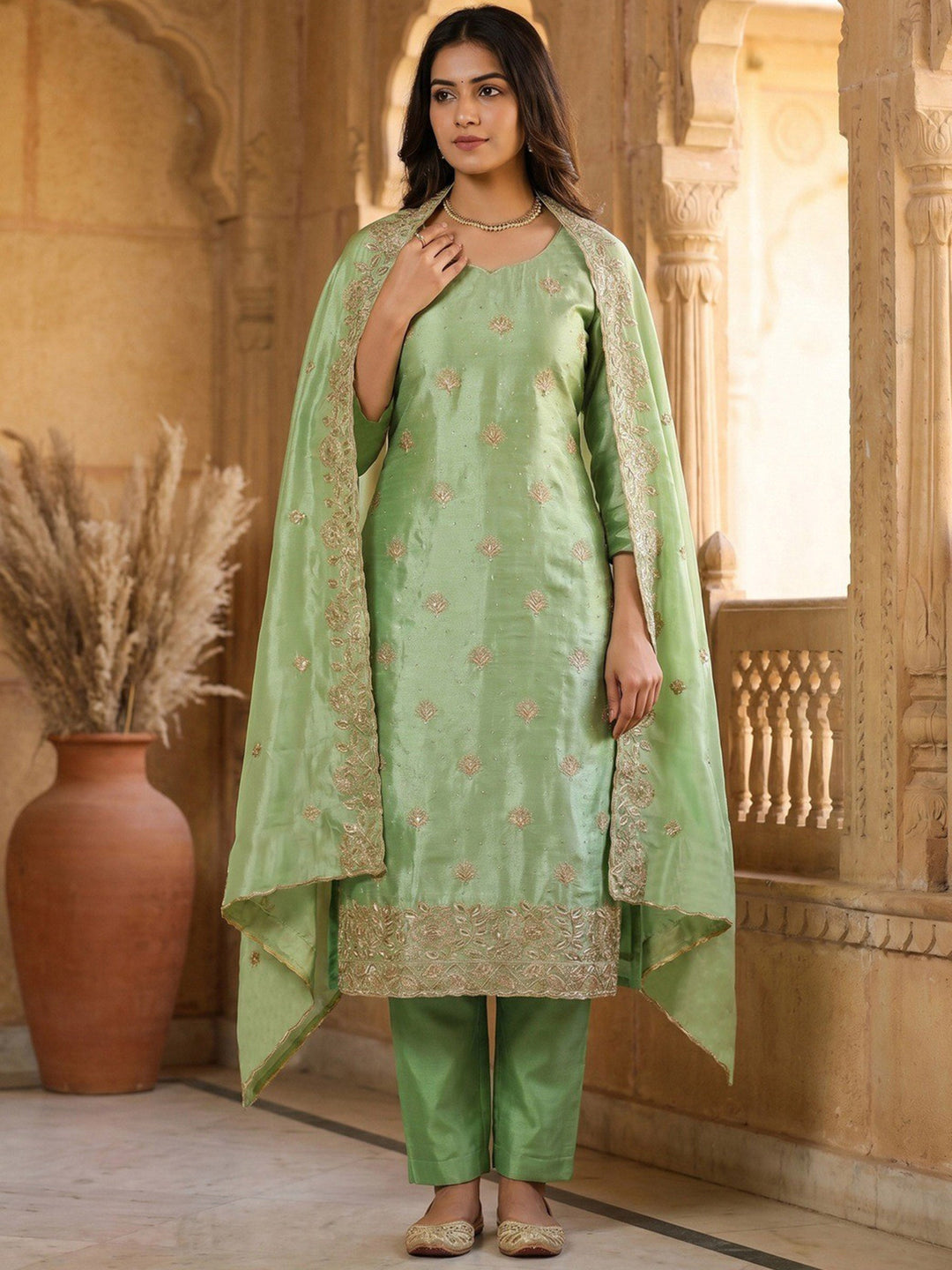 Green Embroidered Crepe Kurta Pant with Dupatta