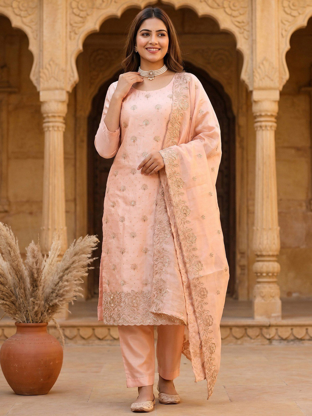 Peach Embroidered Crepe Kurta Pant with Dupatta
