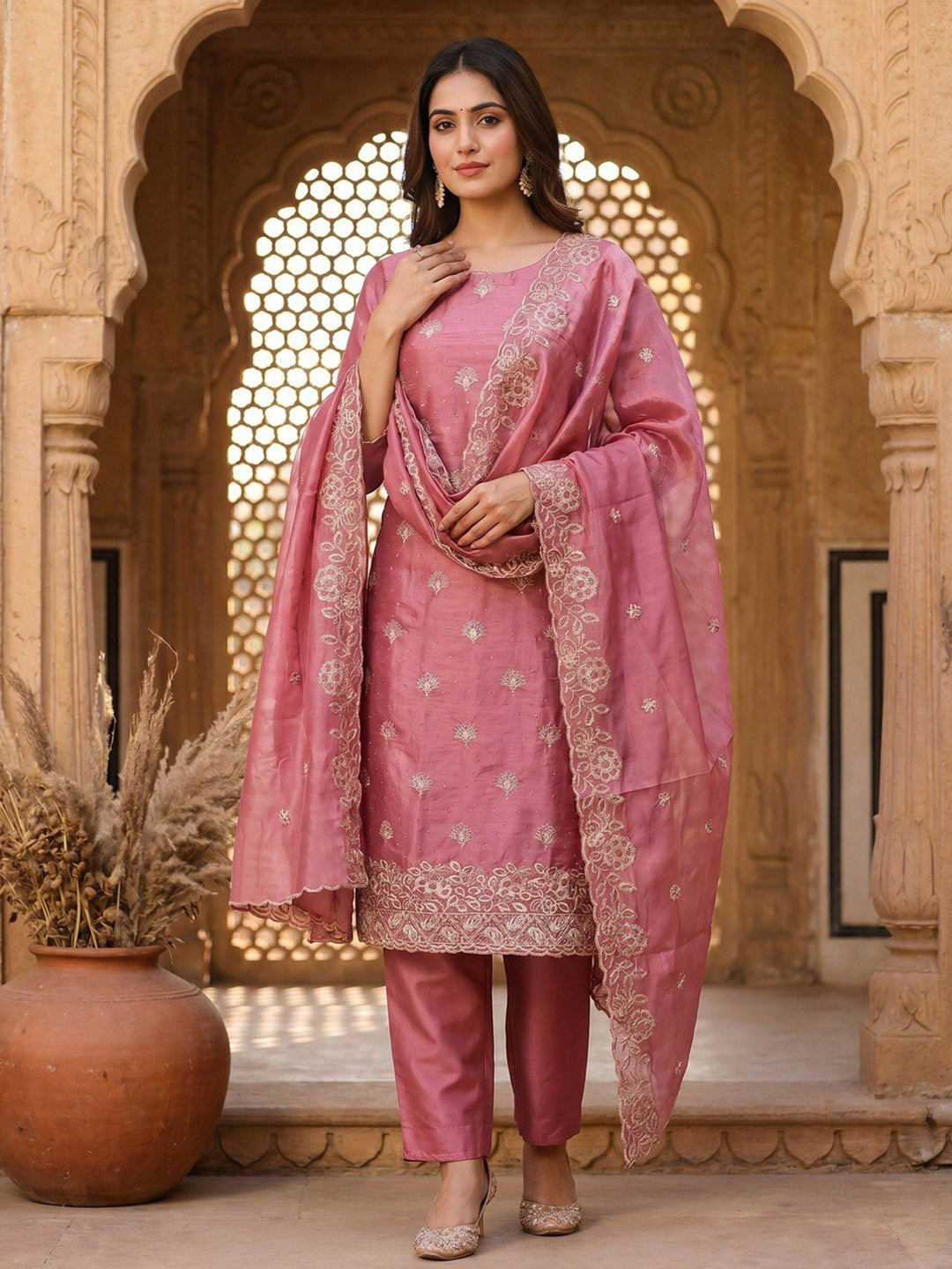 Pink Embroidered Crepe Kurta Pant with Dupatta