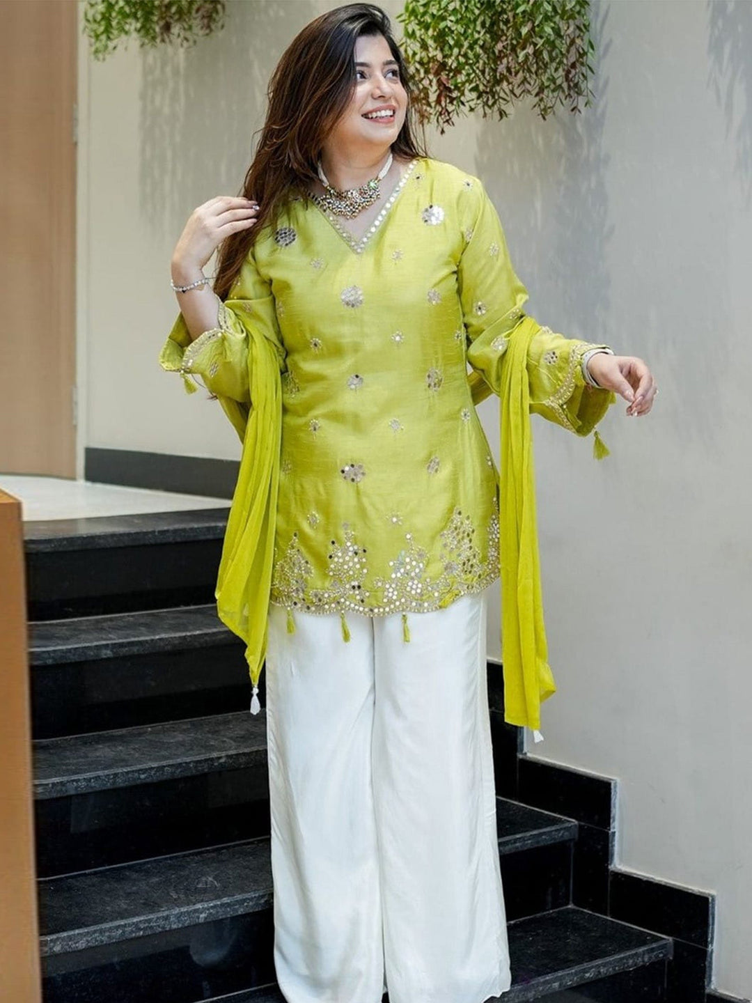 Lime Green Embroidered Art Silk Kurta Palazzo with Dupatta