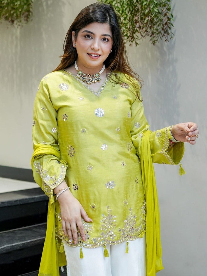 Lime Green Embroidered Art Silk Kurta Palazzo with Dupatta