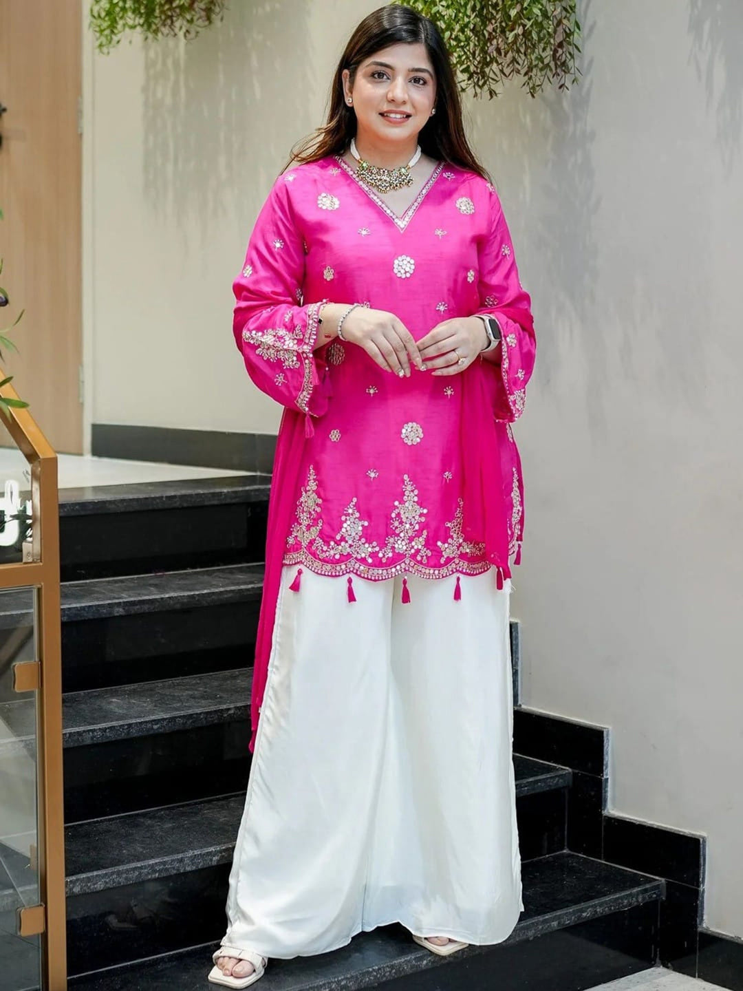 Rani Embroidered Art Silk Kurta Palazzo with Dupatta