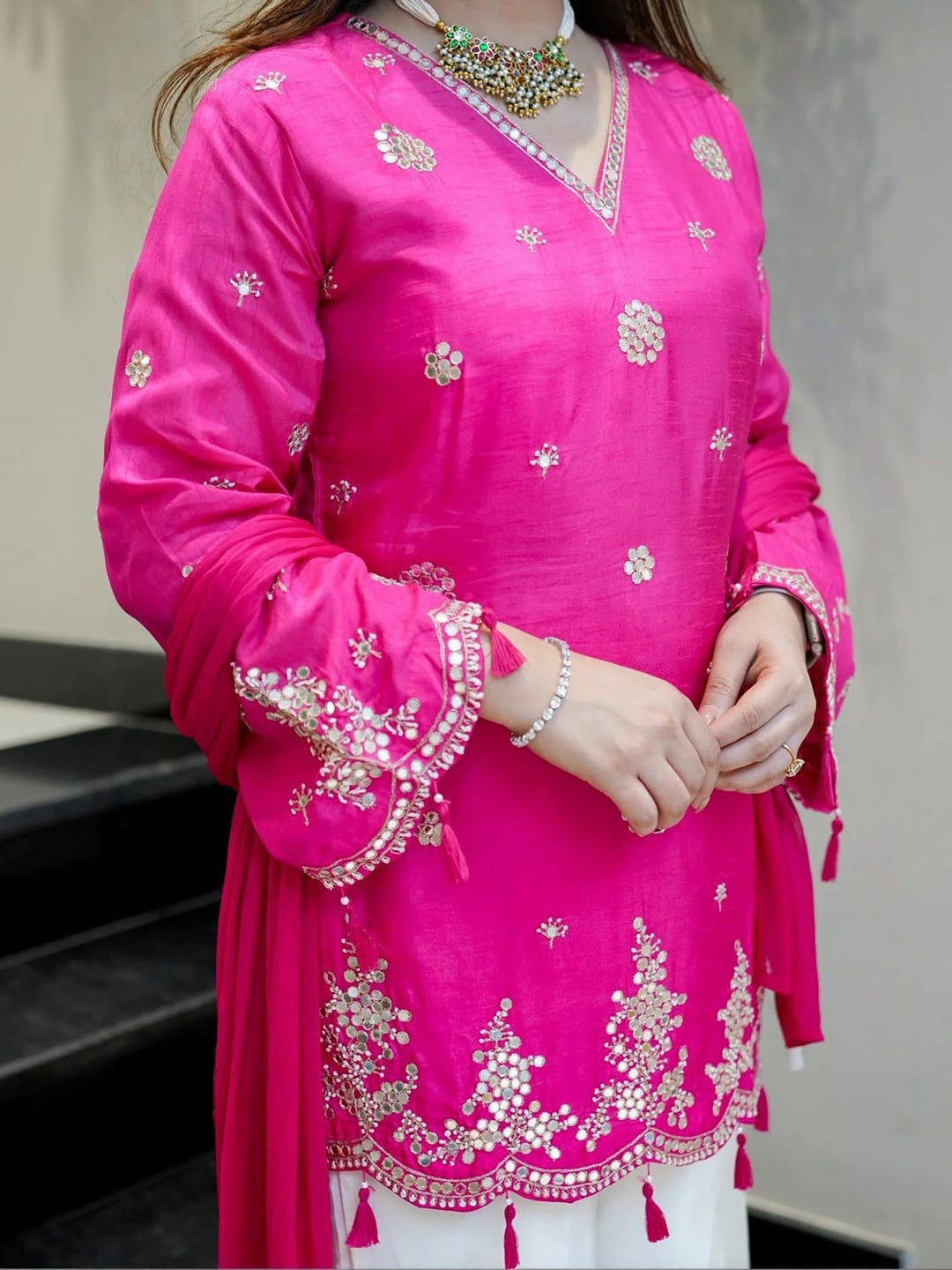 Rani Embroidered Art Silk Kurta Palazzo with Dupatta