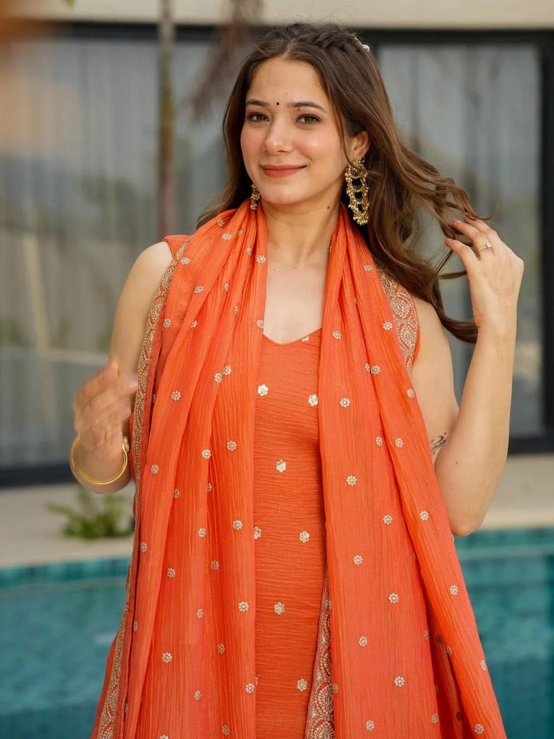 Orange Embroidered Chinon Kurta Palazzo with Dupatta