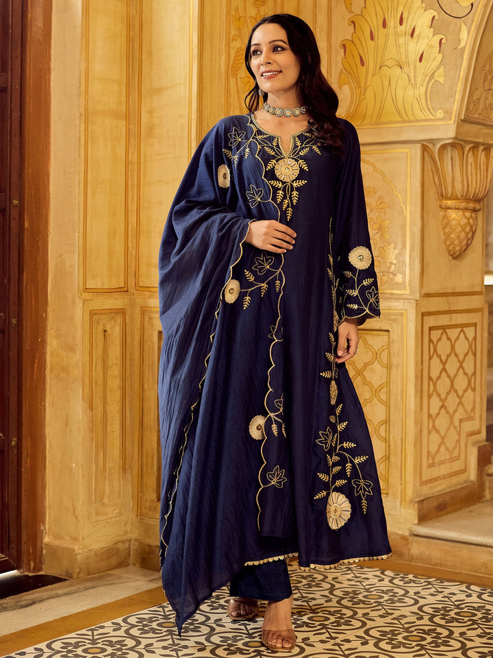 Navy Blue Embroidered Chanderi Kurta Pant with Dupatta