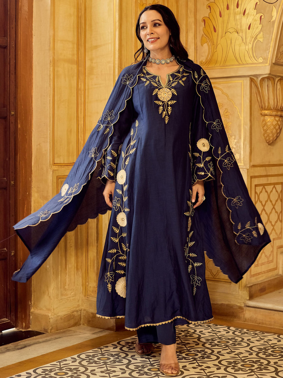 Navy Blue Embroidered Chanderi Kurta Pant with Dupatta
