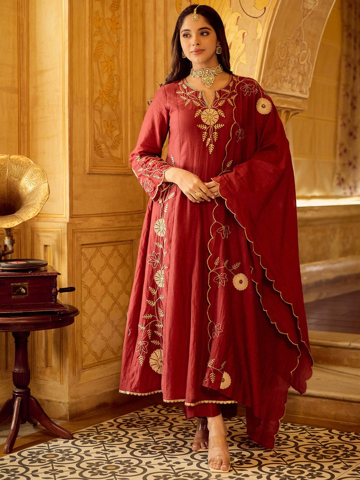 Maroon Embroidered Chanderi Kurta Pant with Dupatta