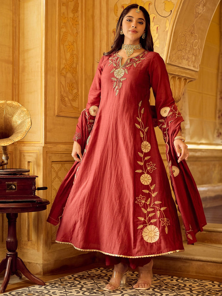 Maroon Embroidered Chanderi Kurta Pant with Dupatta