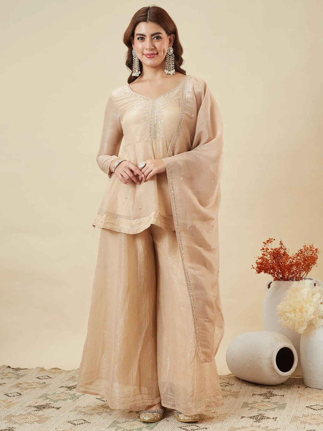 Cream Embroidered Art Silk Kurta Palazzo with Dupatta