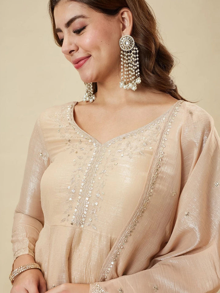 Cream Embroidered Art Silk Kurta Palazzo with Dupatta