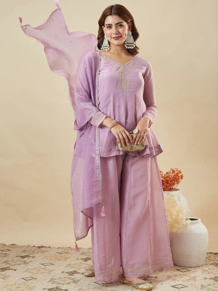 Lilac Embroidered Art Silk Kurta Palazzo with Dupatta