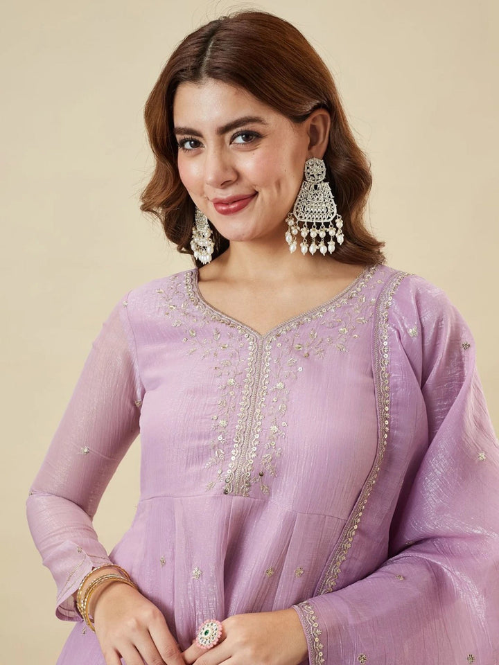 Lilac Embroidered Art Silk Kurta Palazzo with Dupatta