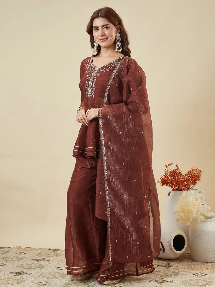 Brown Embroidered Art Silk Kurta Palazzo with Dupatta