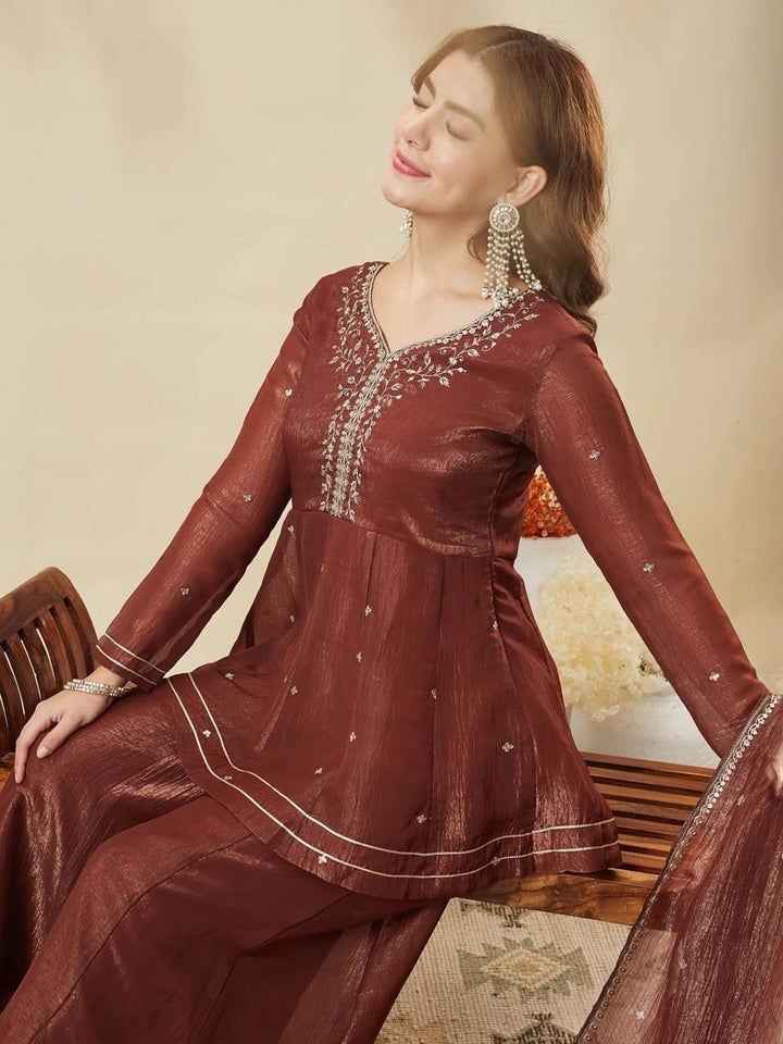 Brown Embroidered Art Silk Kurta Palazzo with Dupatta