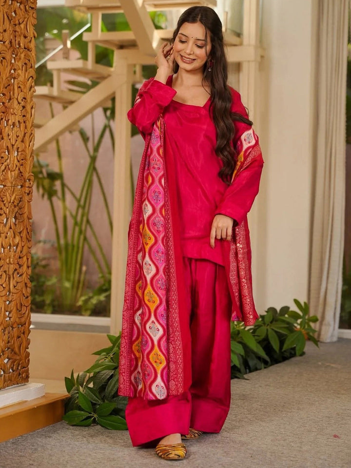 Red Embroidered Art Silk Kurta Palazzo with Dupatta