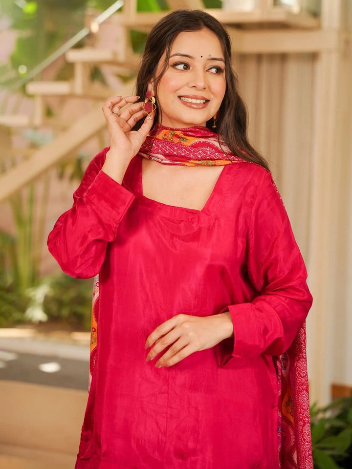 Red Embroidered Art Silk Kurta Palazzo with Dupatta