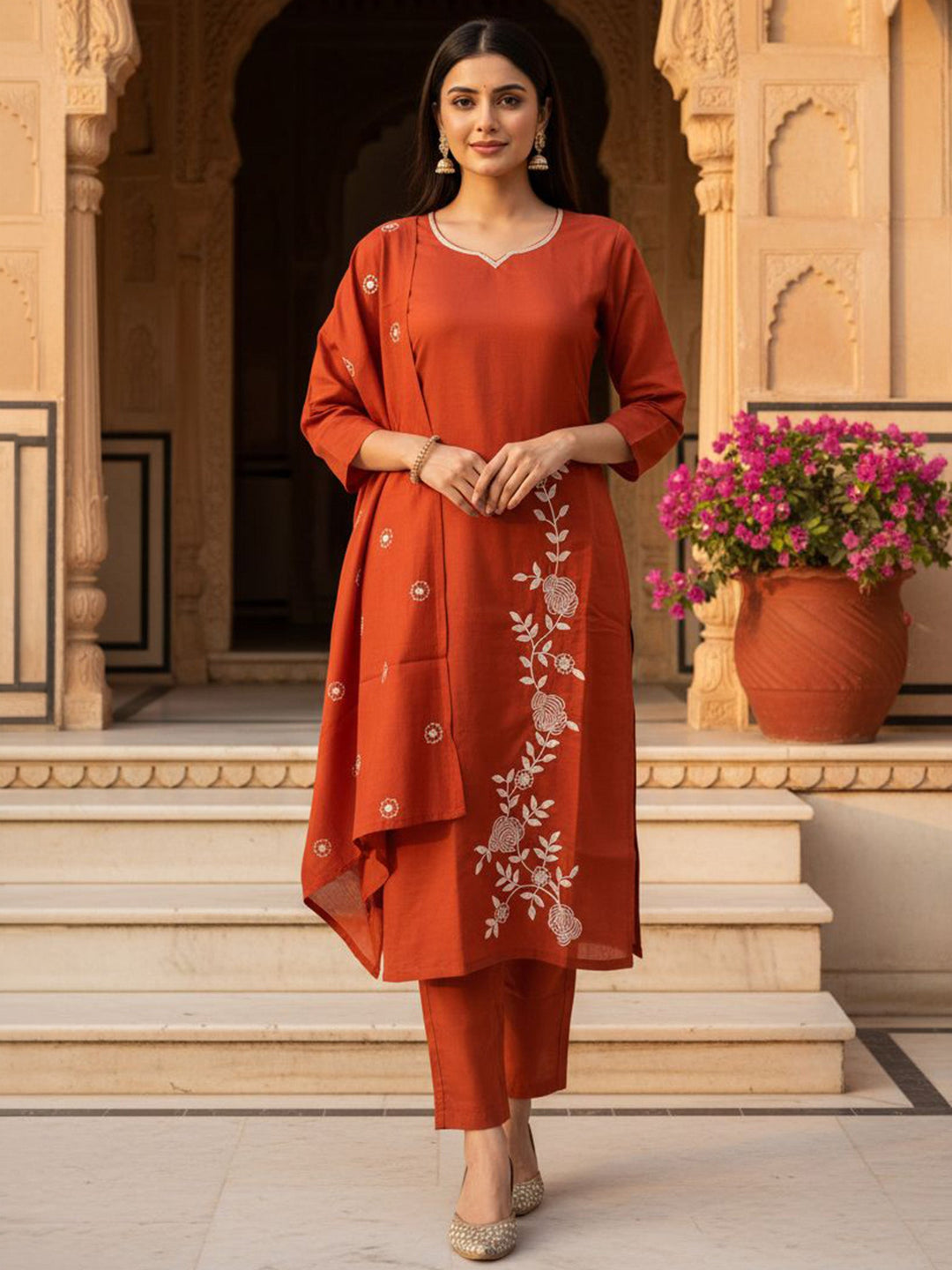 Rust Embroidered Cotton Blend Kurta Palazzo with Dupatta