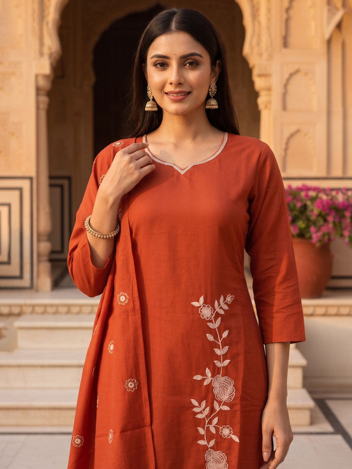 Rust Embroidered Cotton Blend Kurta Palazzo with Dupatta