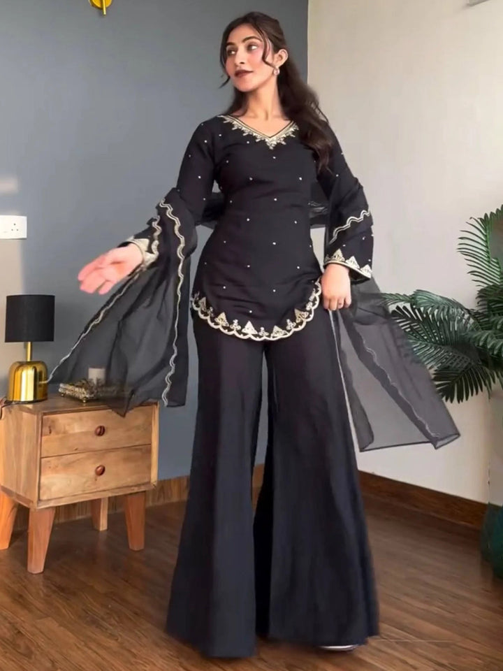 Black Embroidered Art Silk Kurta Pant with Dupatta