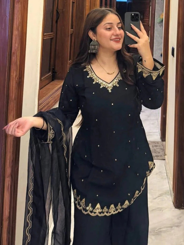 Black Embroidered Art Silk Kurta Pant with Dupatta