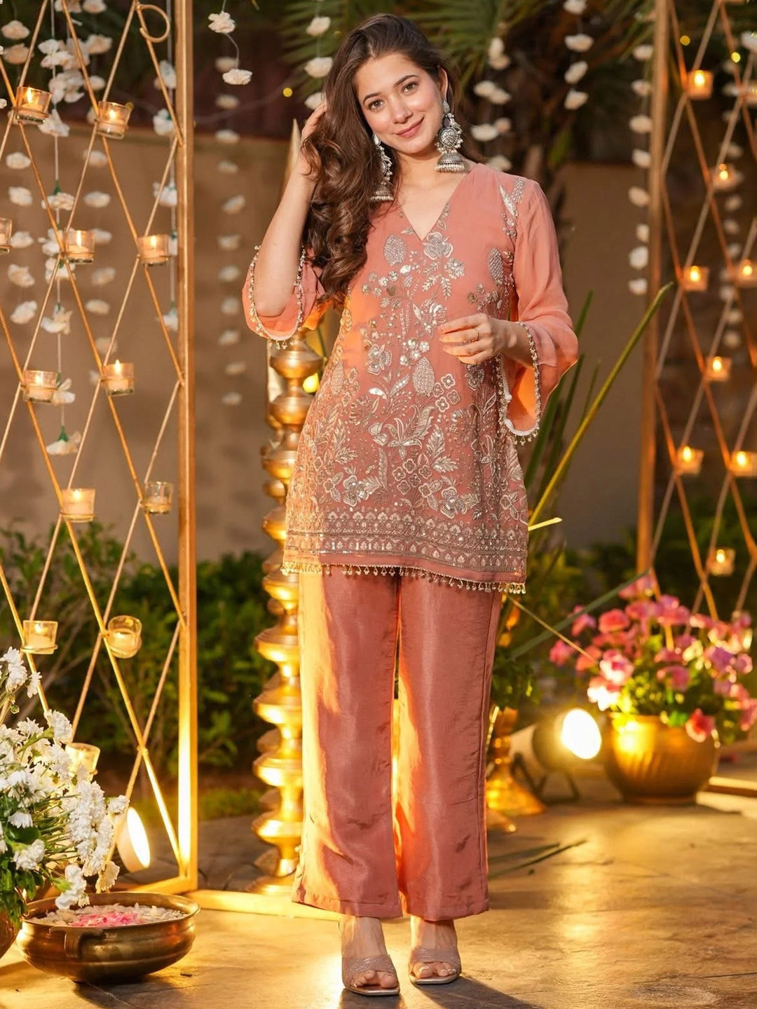 Peach Embroidered Art Silk Kurta with Pant