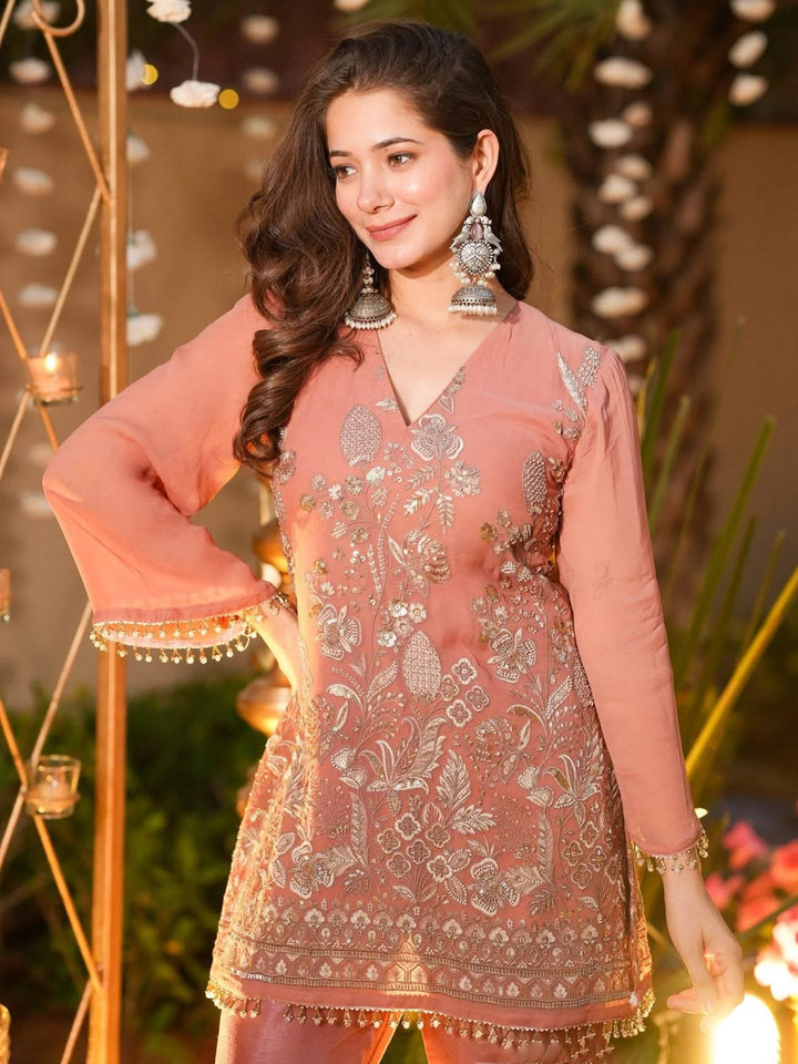 Peach Embroidered Art Silk Kurta with Pant