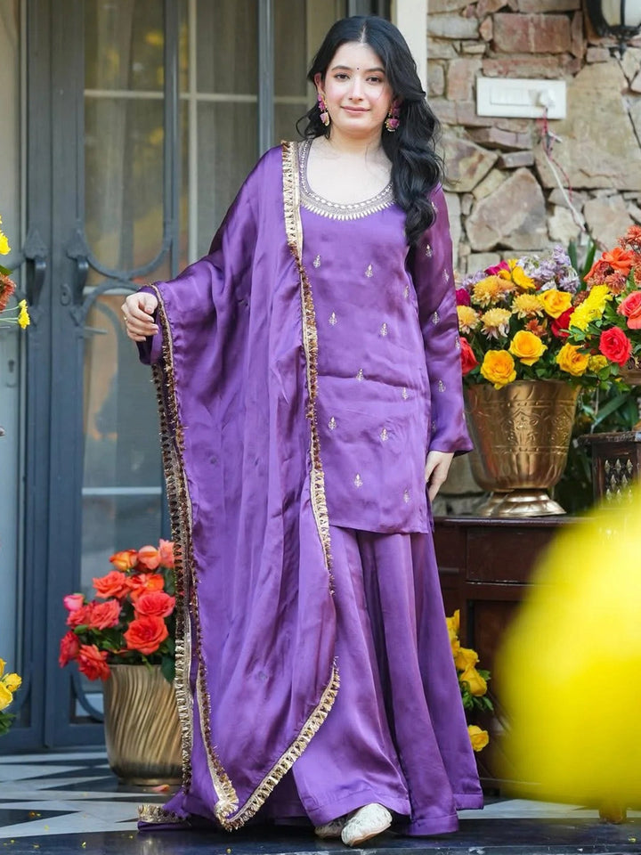 Purple Embroidered Art Silk Kurta Palazzo with Dupatta