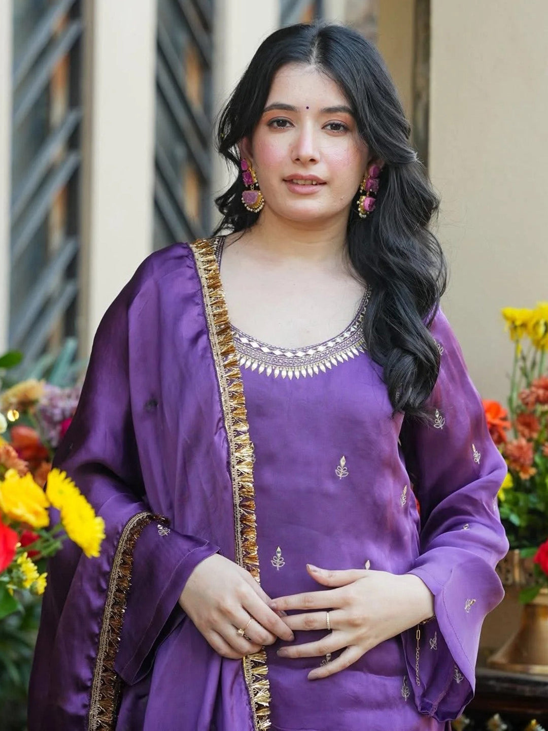 Purple Embroidered Art Silk Kurta Palazzo with Dupatta