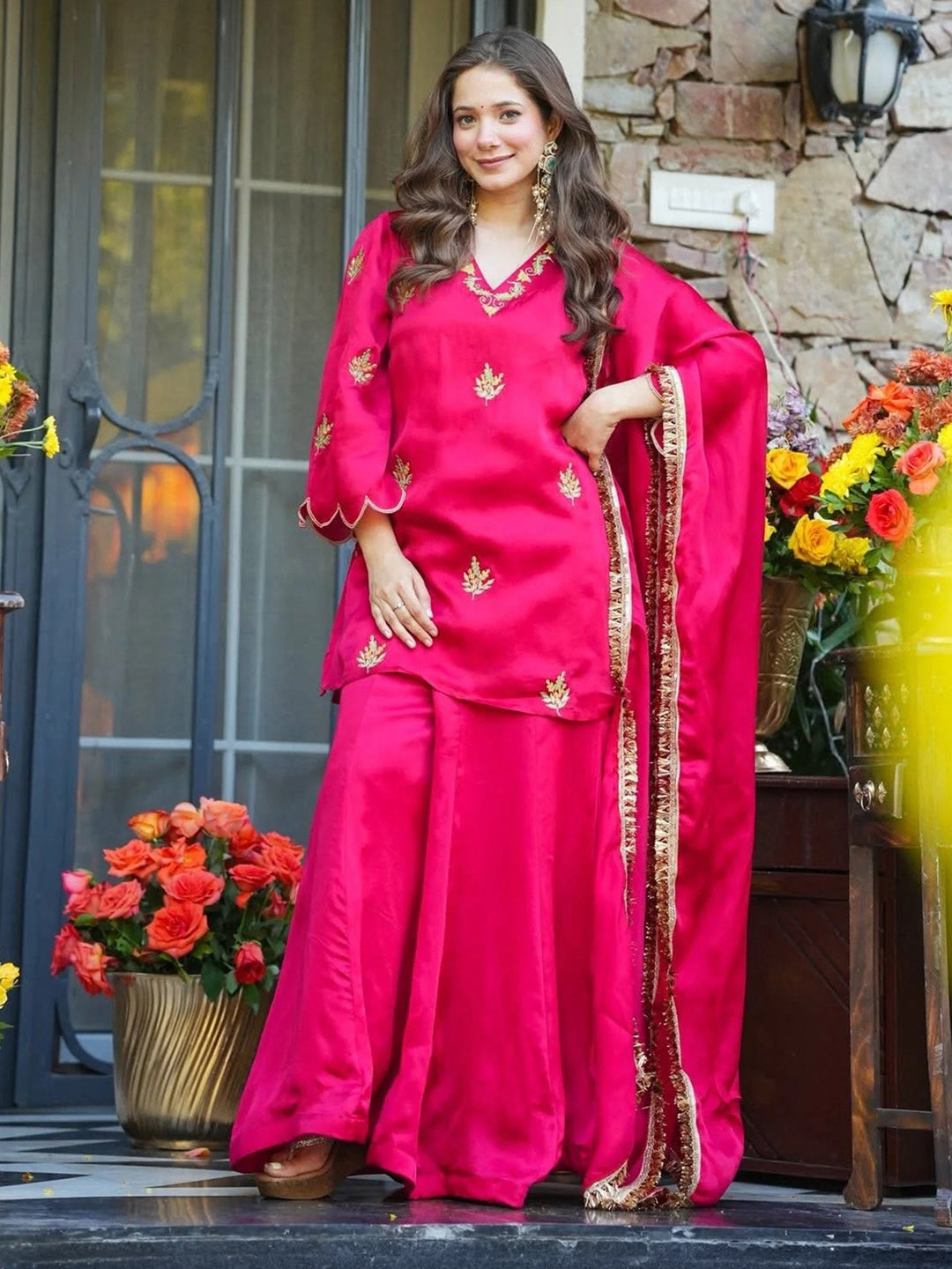 Rani Embroidered Art Silk Kurta Palazzo with Dupatta