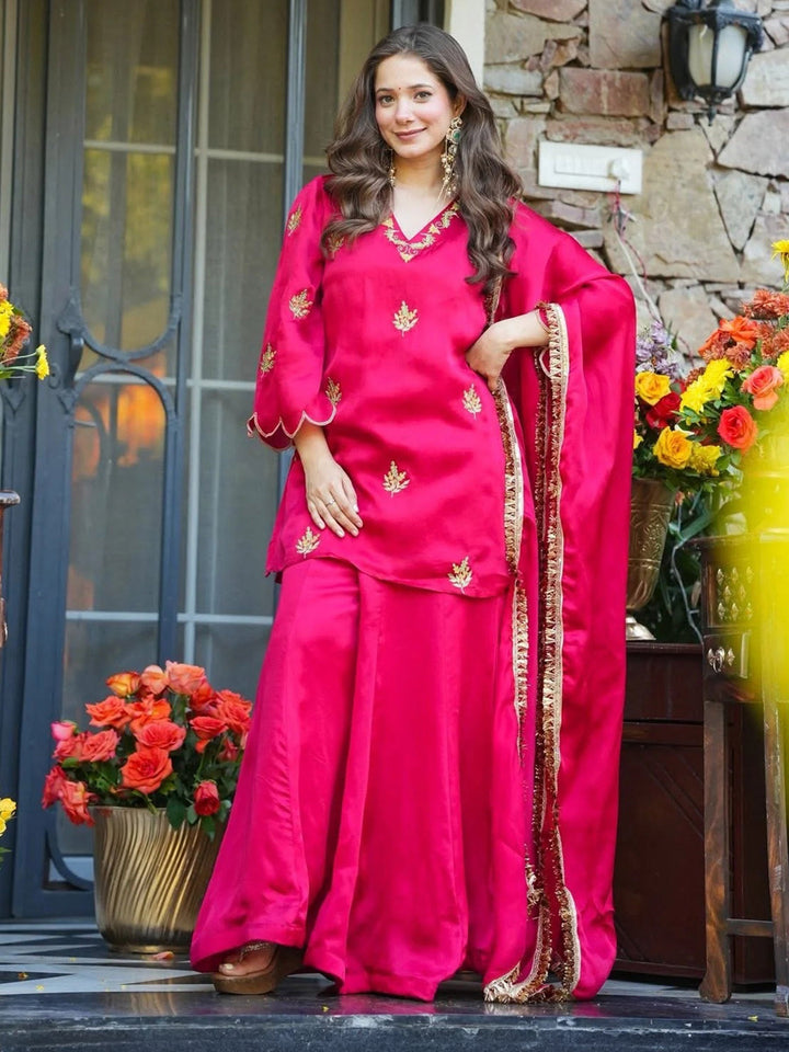 Rani Embroidered Art Silk Kurta Palazzo with Dupatta