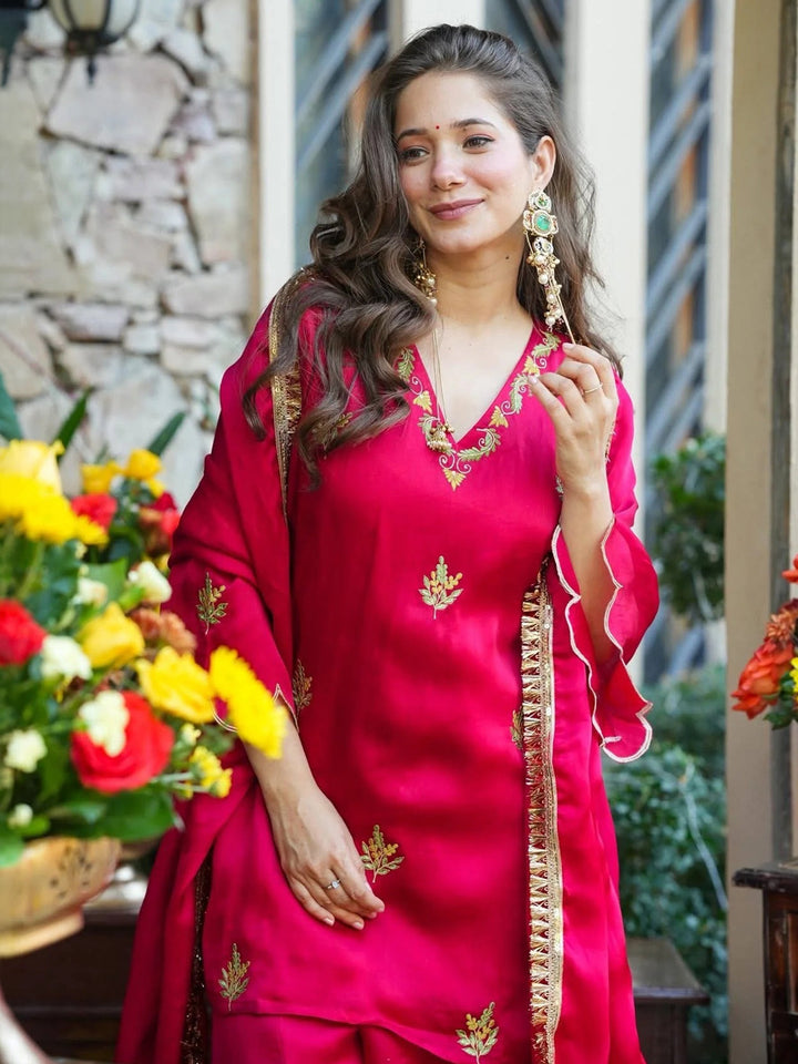 Rani Embroidered Art Silk Kurta Palazzo with Dupatta