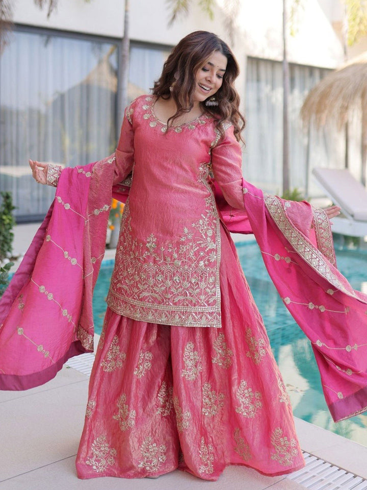 Pink Embroidered Art Silk Kurta Palazzo with Dupatta