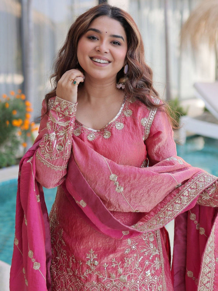 Pink Embroidered Art Silk Kurta Palazzo with Dupatta