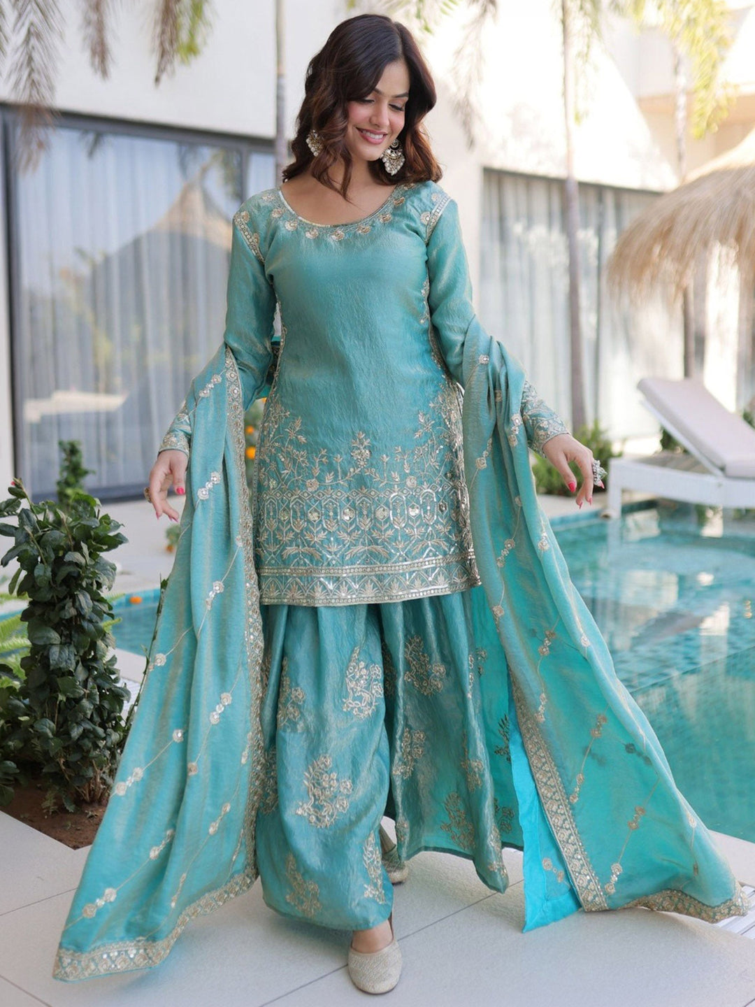 Blue Embroidered Art Silk Kurta Palazzo with Dupatta