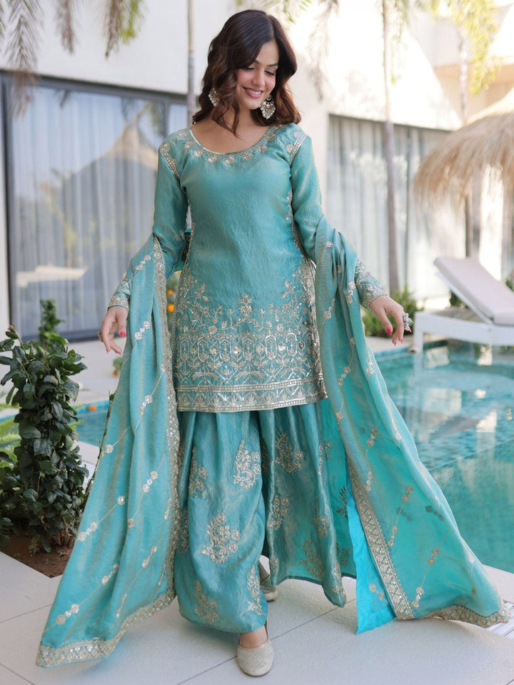 Blue Embroidered Art Silk Kurta Palazzo with Dupatta