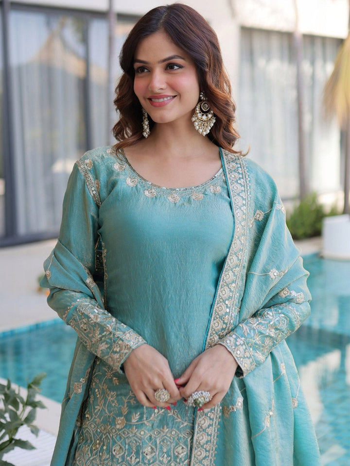 Blue Embroidered Art Silk Kurta Palazzo with Dupatta