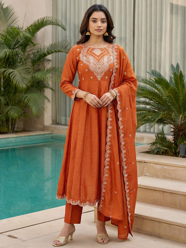 Orange Embroidered Crepe Kurta Pant with Dupatta