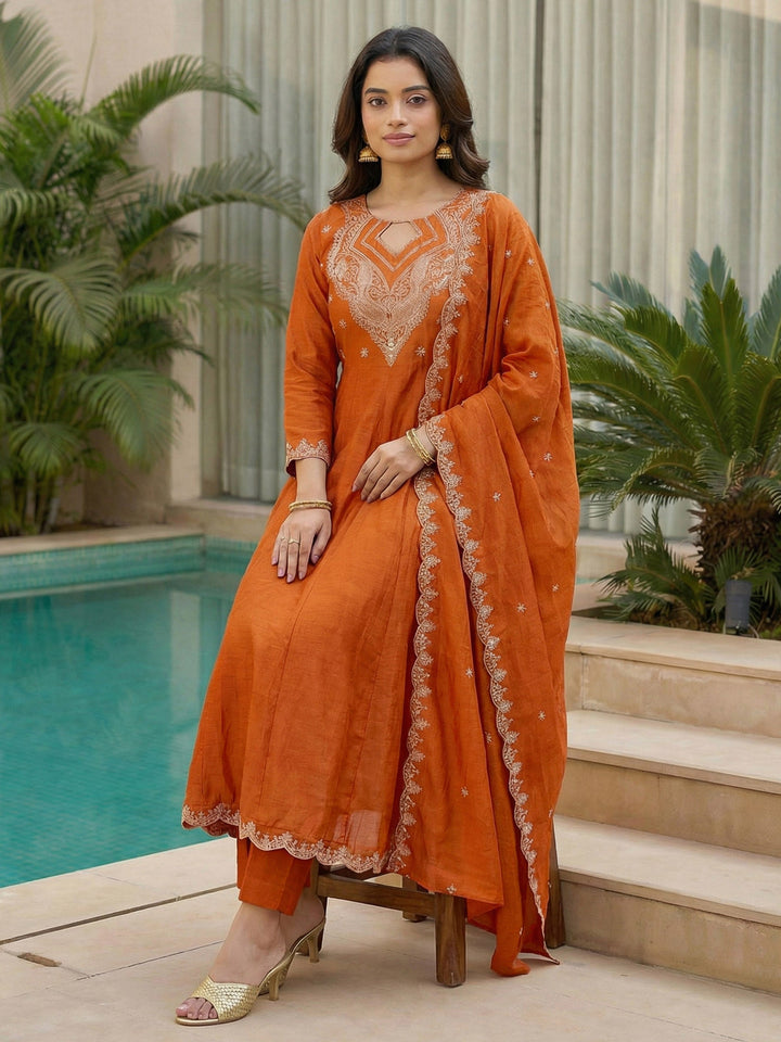 Orange Embroidered Crepe Kurta Pant with Dupatta
