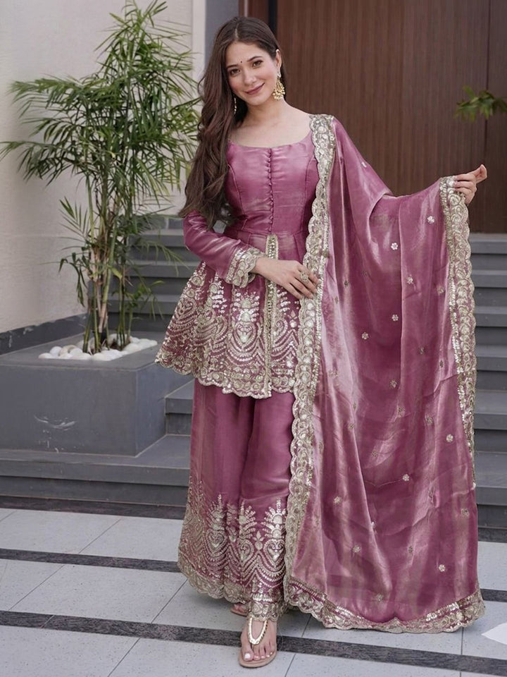 Mauve Embroidered Art Silk Kurta Palazzo with Dupatta