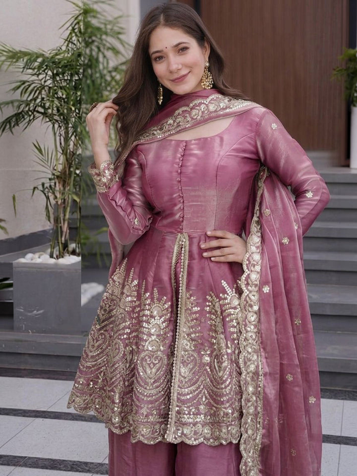 Mauve Embroidered Art Silk Kurta Palazzo with Dupatta