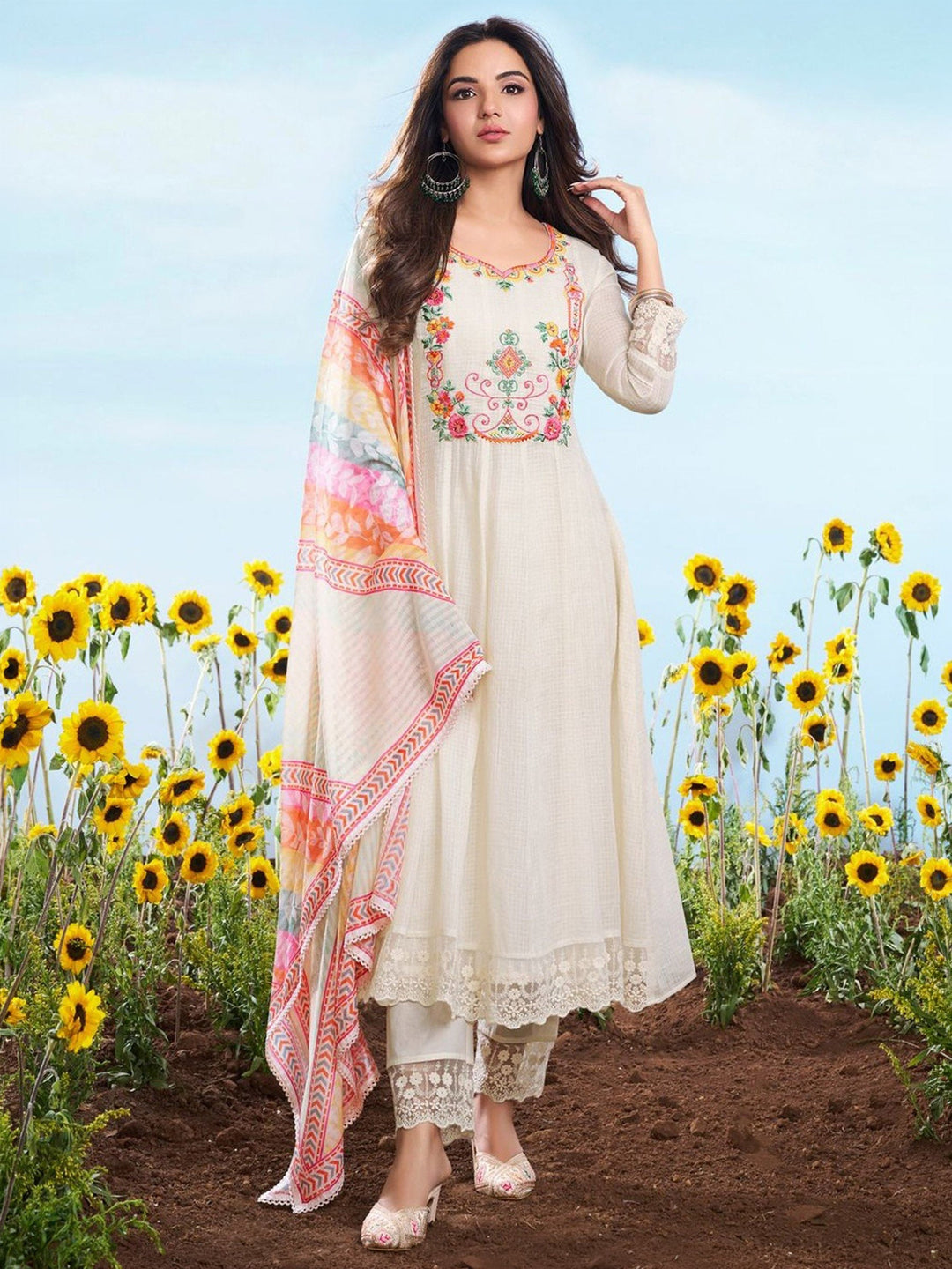 White Embroidered Cotton Blend Kurta Pant with Dupatta
