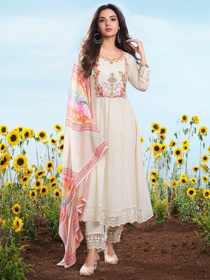 White Embroidered Cotton Blend Kurta Pant with Dupatta